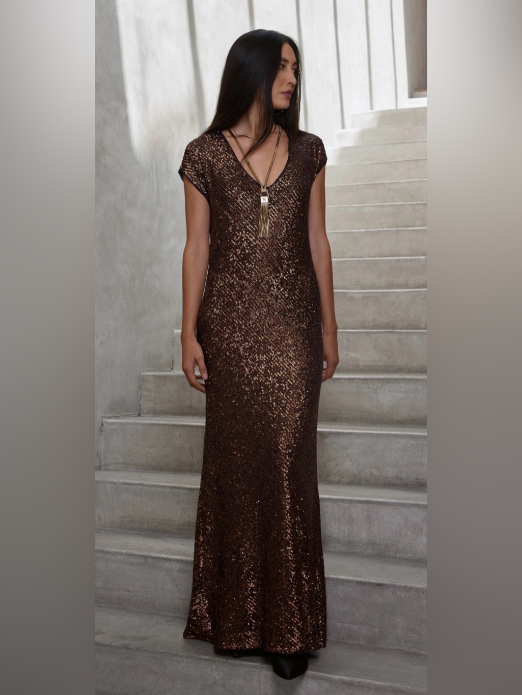 Johnny Was Bronze Sequin Maxi Dress